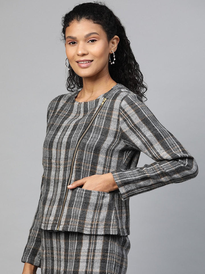 Women's Grey Check Biker Jacket - SASSAFRAS