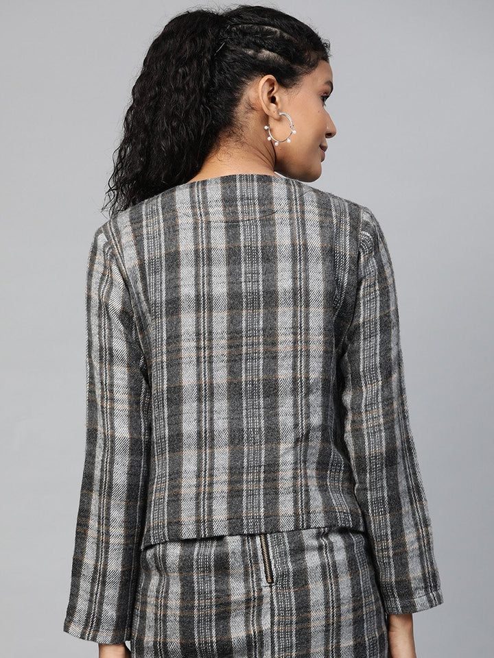 Women's Grey Check Biker Jacket - SASSAFRAS