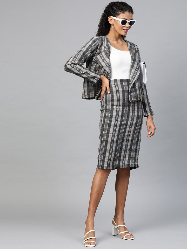 Women's Grey Check Biker Jacket - SASSAFRAS