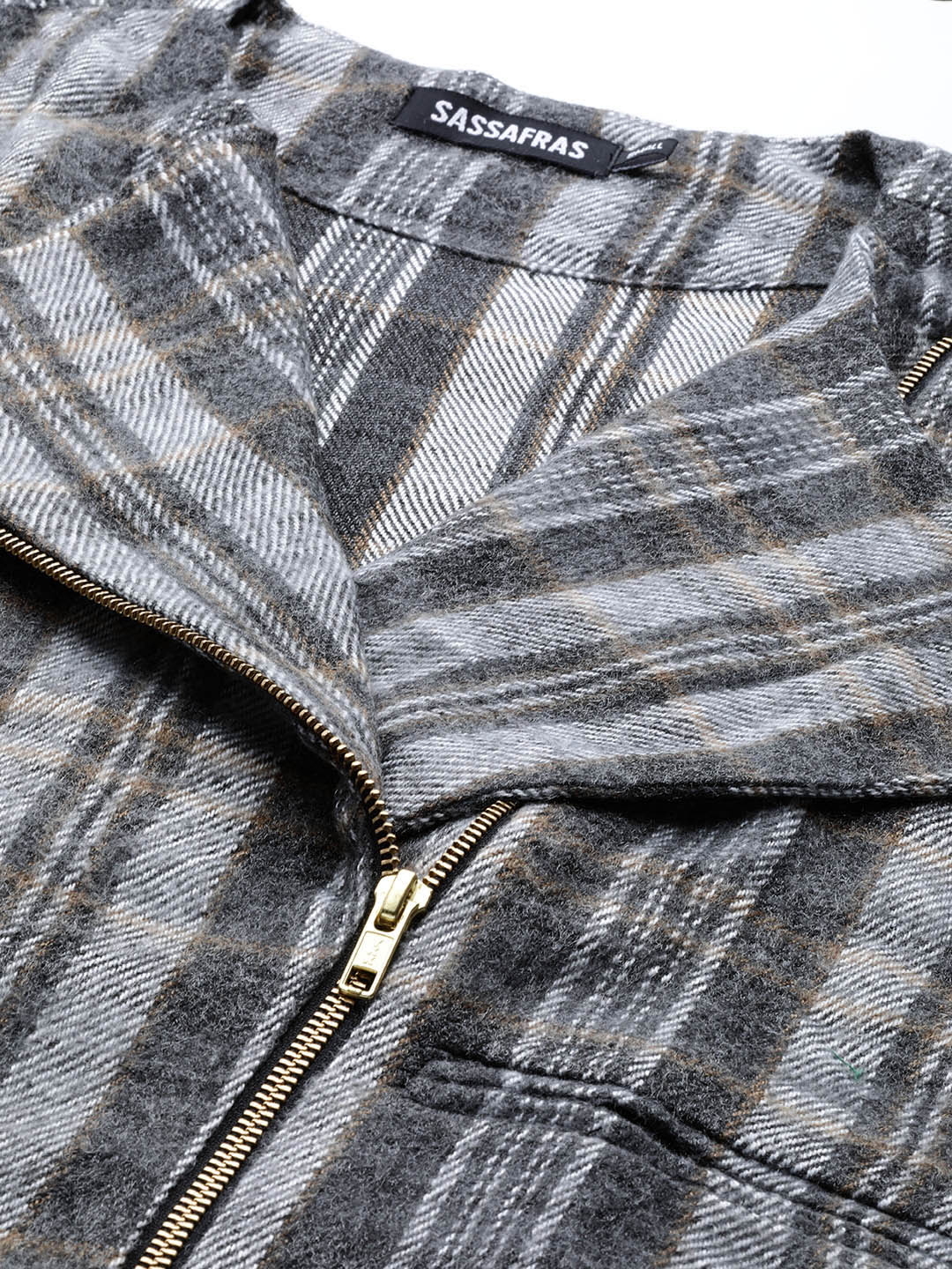 Women's Grey Check Biker Jacket - SASSAFRAS