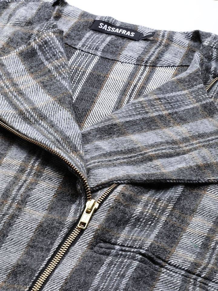 Women's Grey Check Biker Jacket - SASSAFRAS