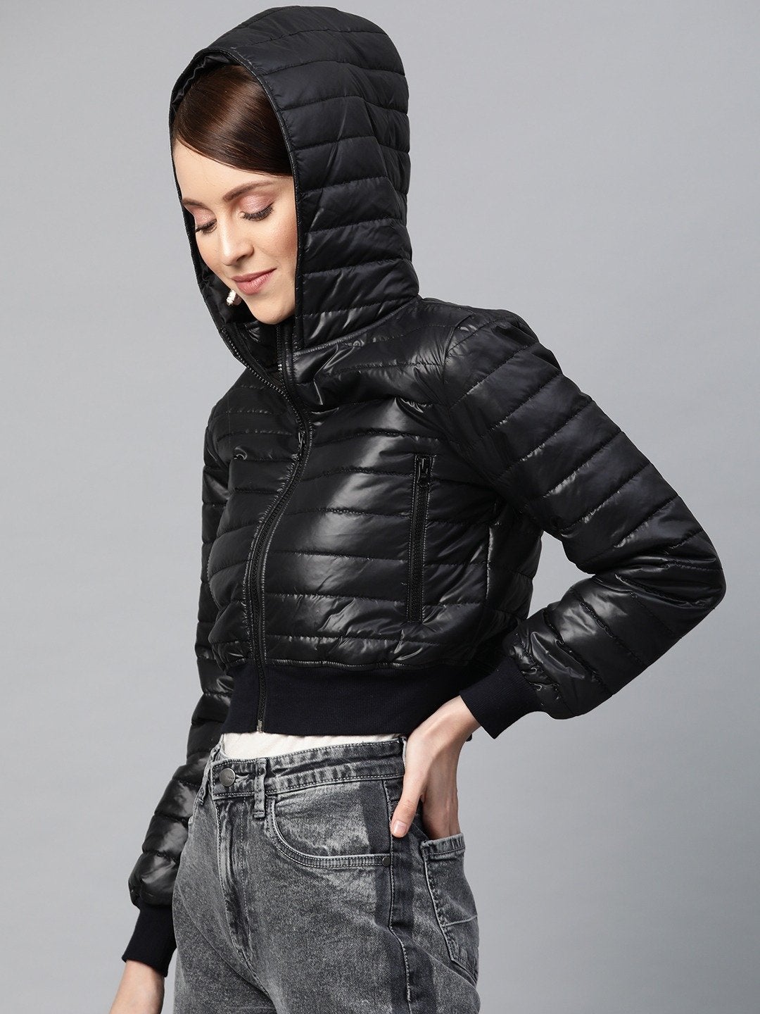 Women's Black Hooded Crop Bomber Puffer Jacket - SASSAFRAS