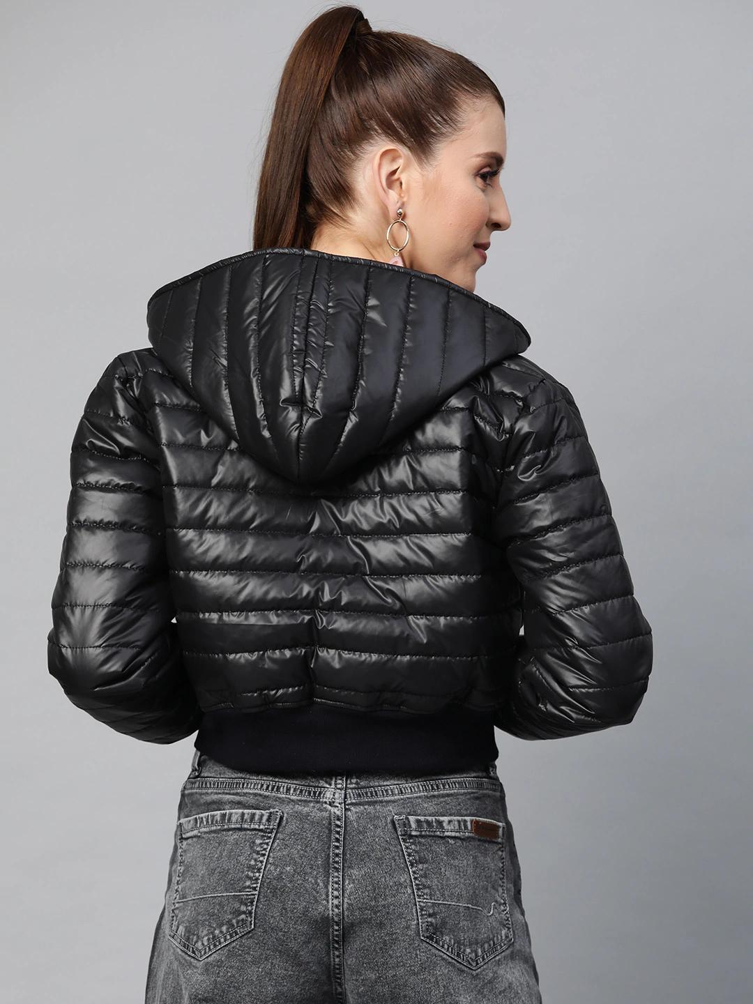 Women's Black Hooded Crop Bomber Puffer Jacket - SASSAFRAS