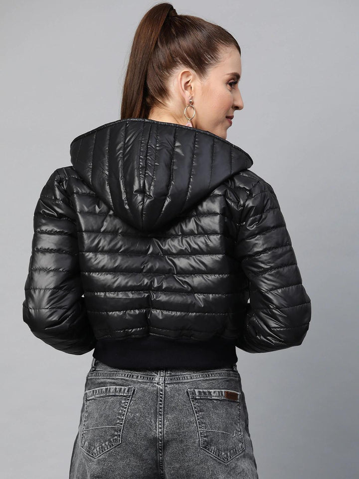 Women's Black Hooded Crop Bomber Puffer Jacket - SASSAFRAS