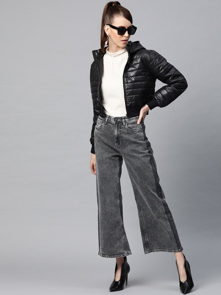 Women's Black Hooded Crop Bomber Puffer Jacket - SASSAFRAS