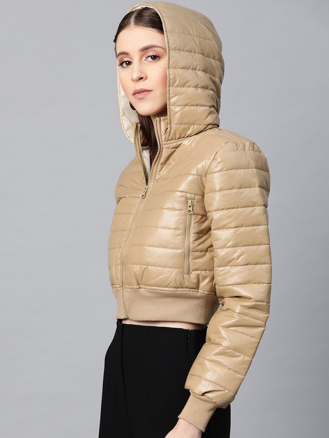 Women's Khaki Hooded Crop Bomber Puffer Jacket - SASSAFRAS