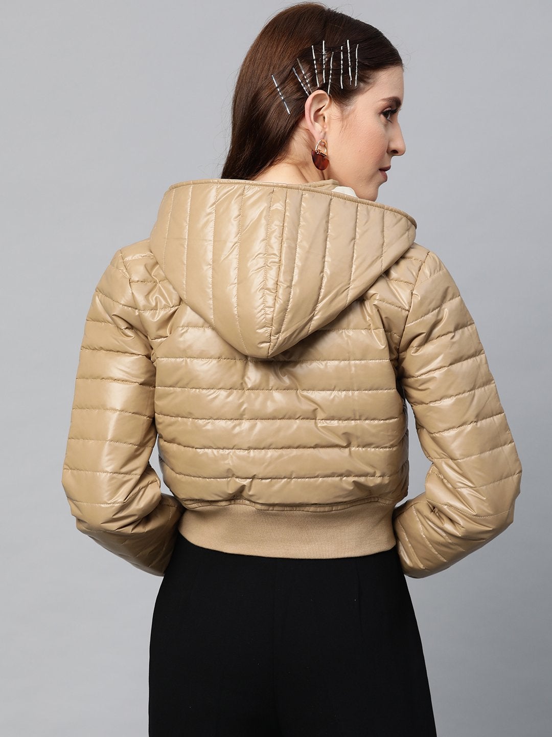 Women's Khaki Hooded Crop Bomber Puffer Jacket - SASSAFRAS
