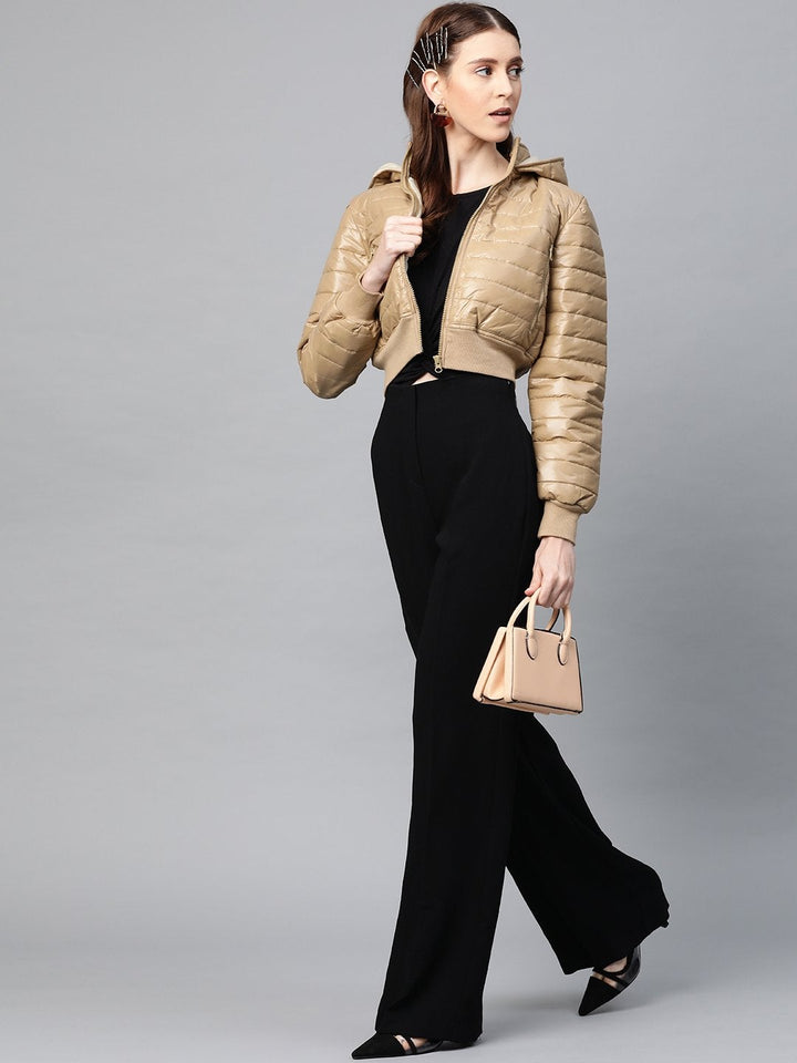Women's Khaki Hooded Crop Bomber Puffer Jacket - SASSAFRAS