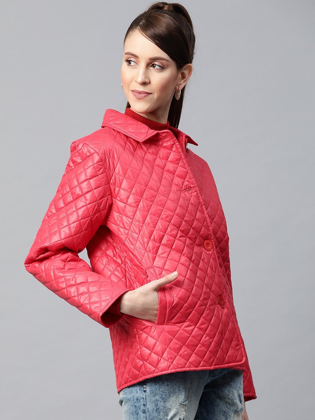 Women's Red Collared Quilted Puffer Jacket - SASSAFRAS