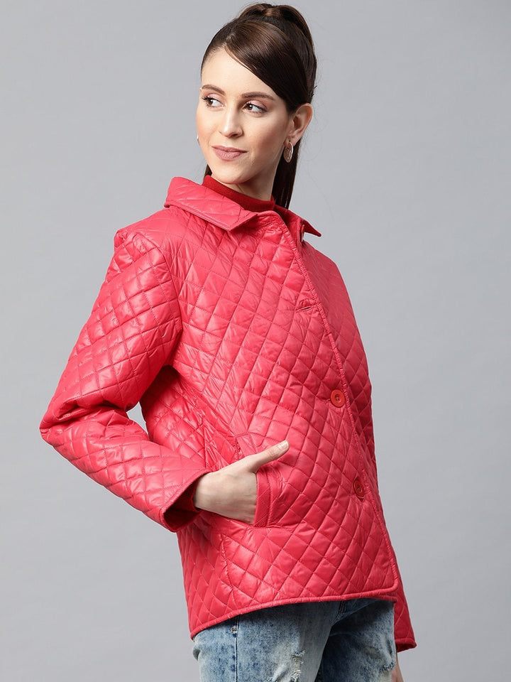 Women's Red Collared Quilted Puffer Jacket - SASSAFRAS