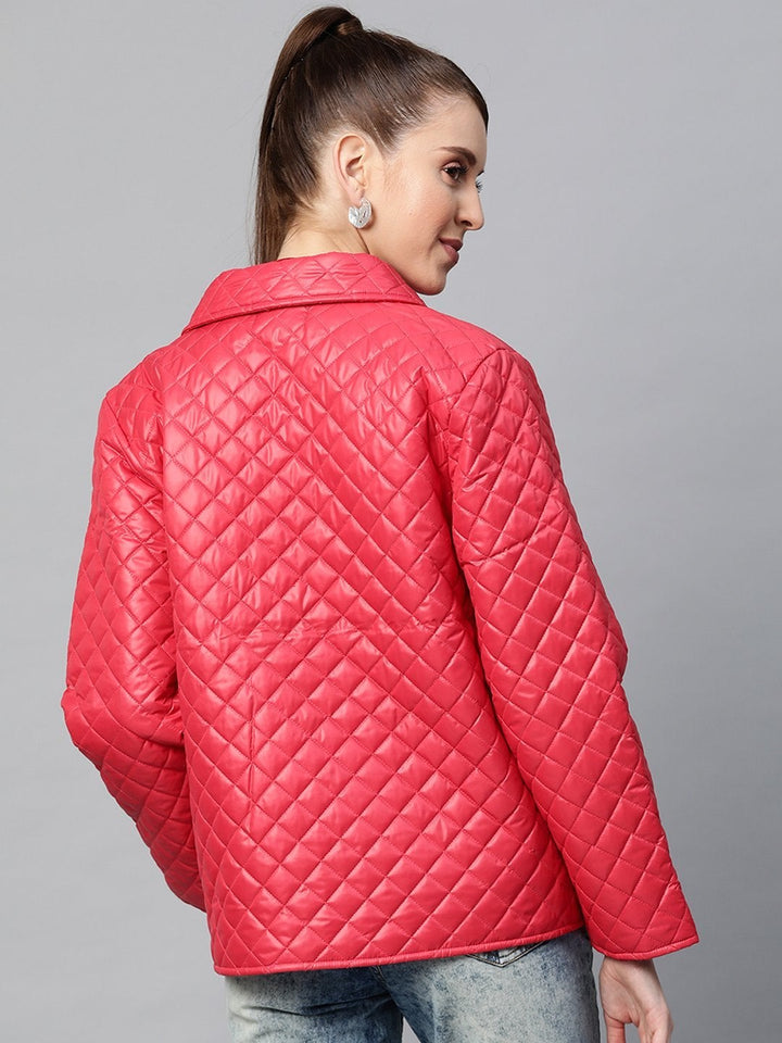 Women's Red Collared Quilted Puffer Jacket - SASSAFRAS