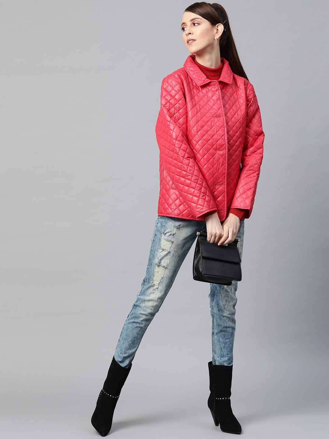 Women's Red Collared Quilted Puffer Jacket - SASSAFRAS
