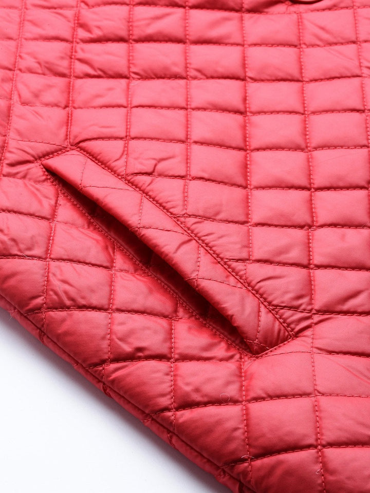 Women's Red Collared Quilted Puffer Jacket - SASSAFRAS