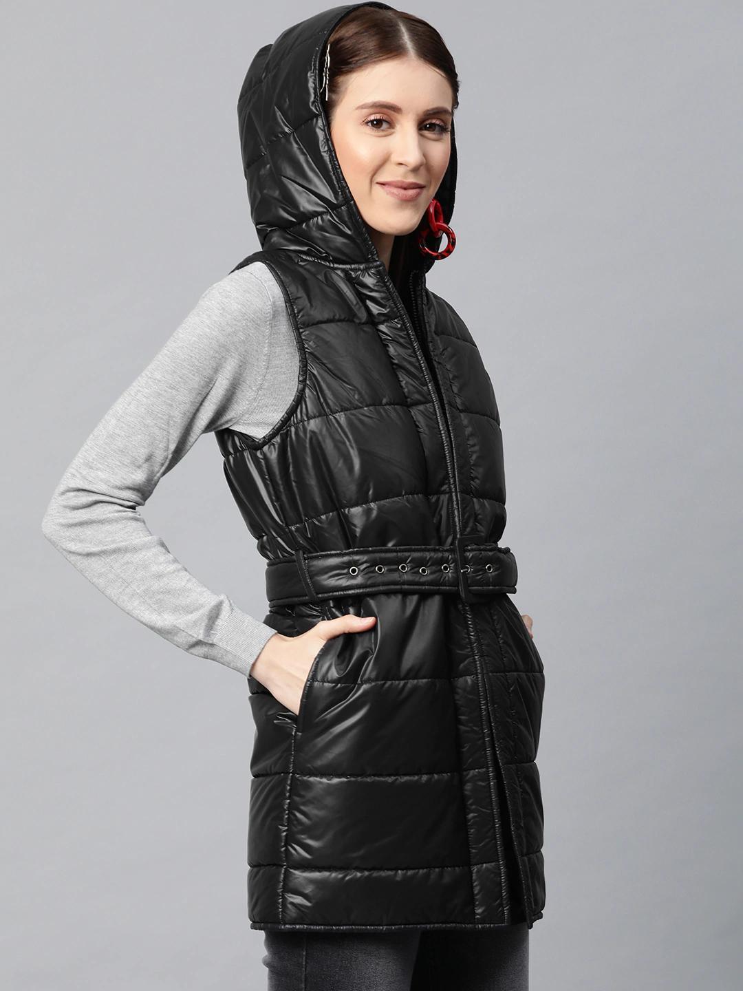Women's Black Belted Longline Hooded Quilted Jacket - SASSAFRAS