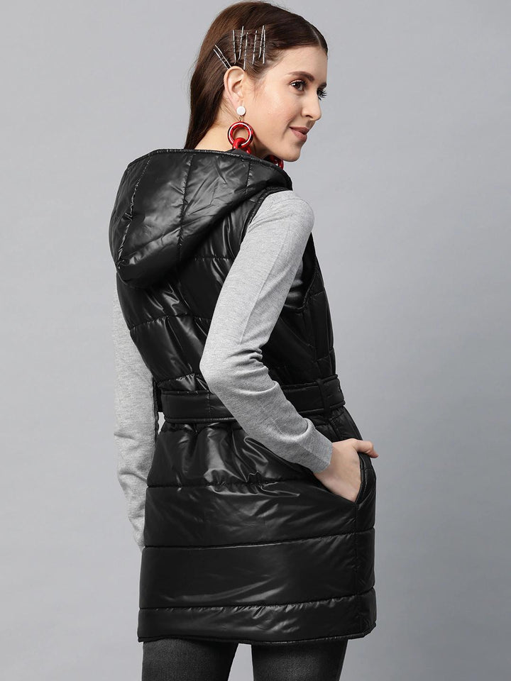 Women's Black Belted Longline Hooded Quilted Jacket - SASSAFRAS