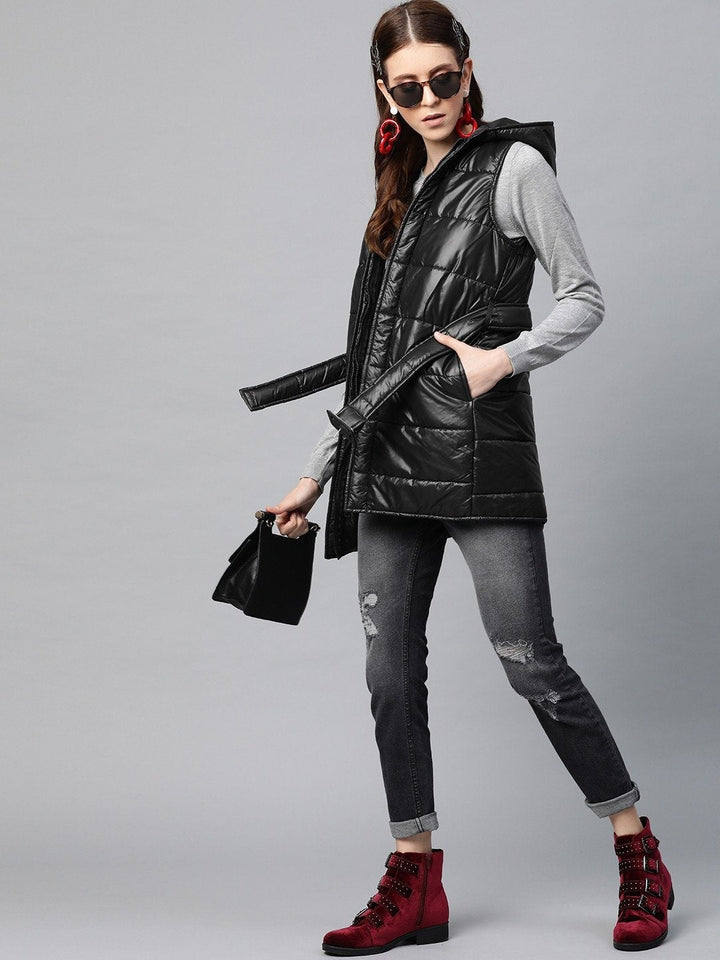 Women's Black Belted Longline Hooded Quilted Jacket - SASSAFRAS