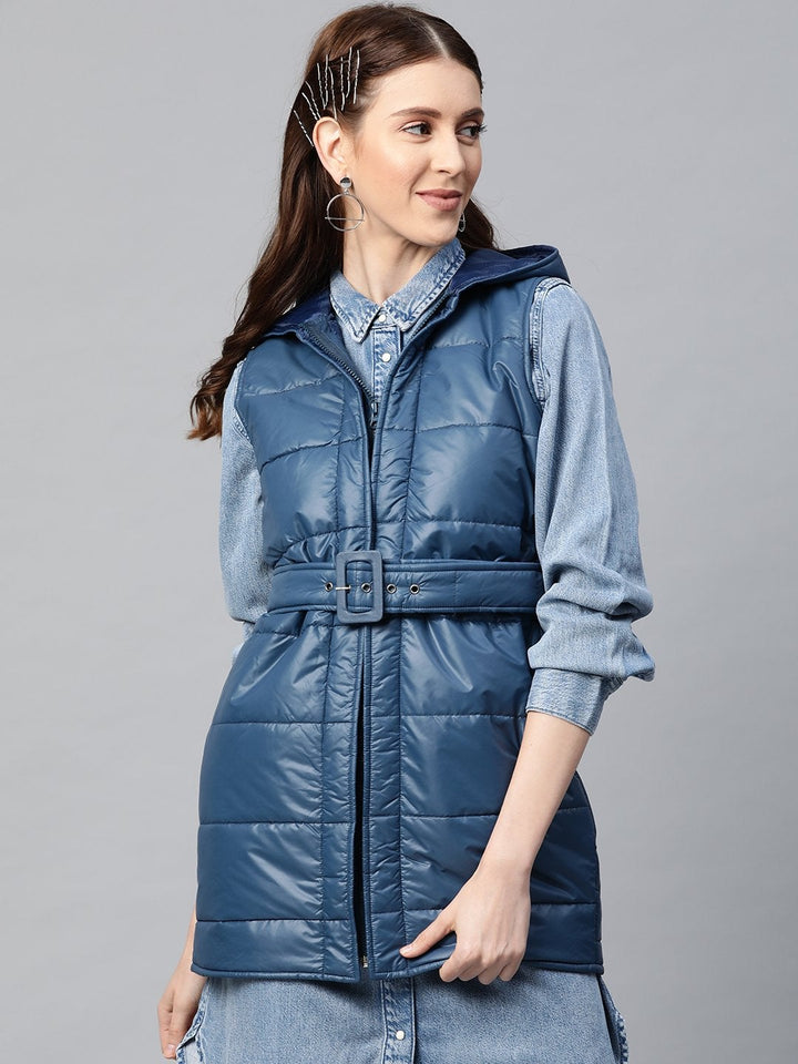 Women's Teal Belted Longline Hooded Quilted Jacket - SASSAFRAS