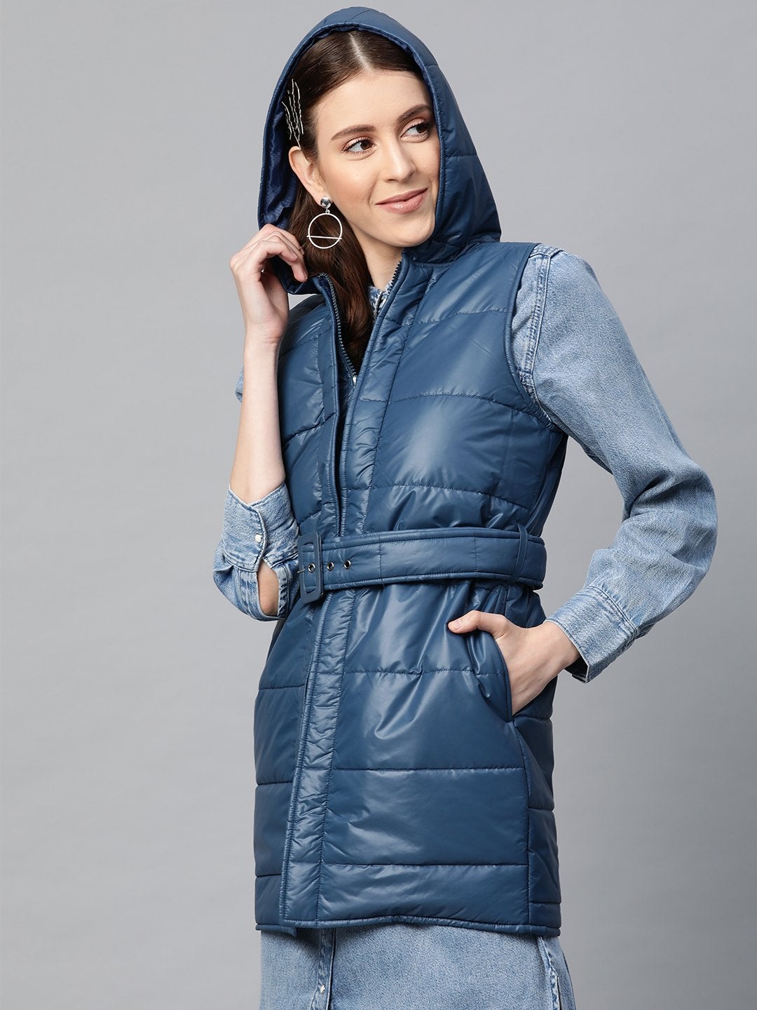 Women's Teal Belted Longline Hooded Quilted Jacket - SASSAFRAS