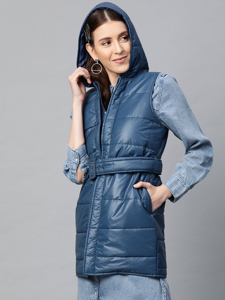 Women's Teal Belted Longline Hooded Quilted Jacket - SASSAFRAS
