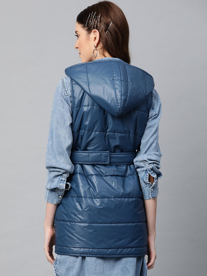 Women's Teal Belted Longline Hooded Quilted Jacket - SASSAFRAS