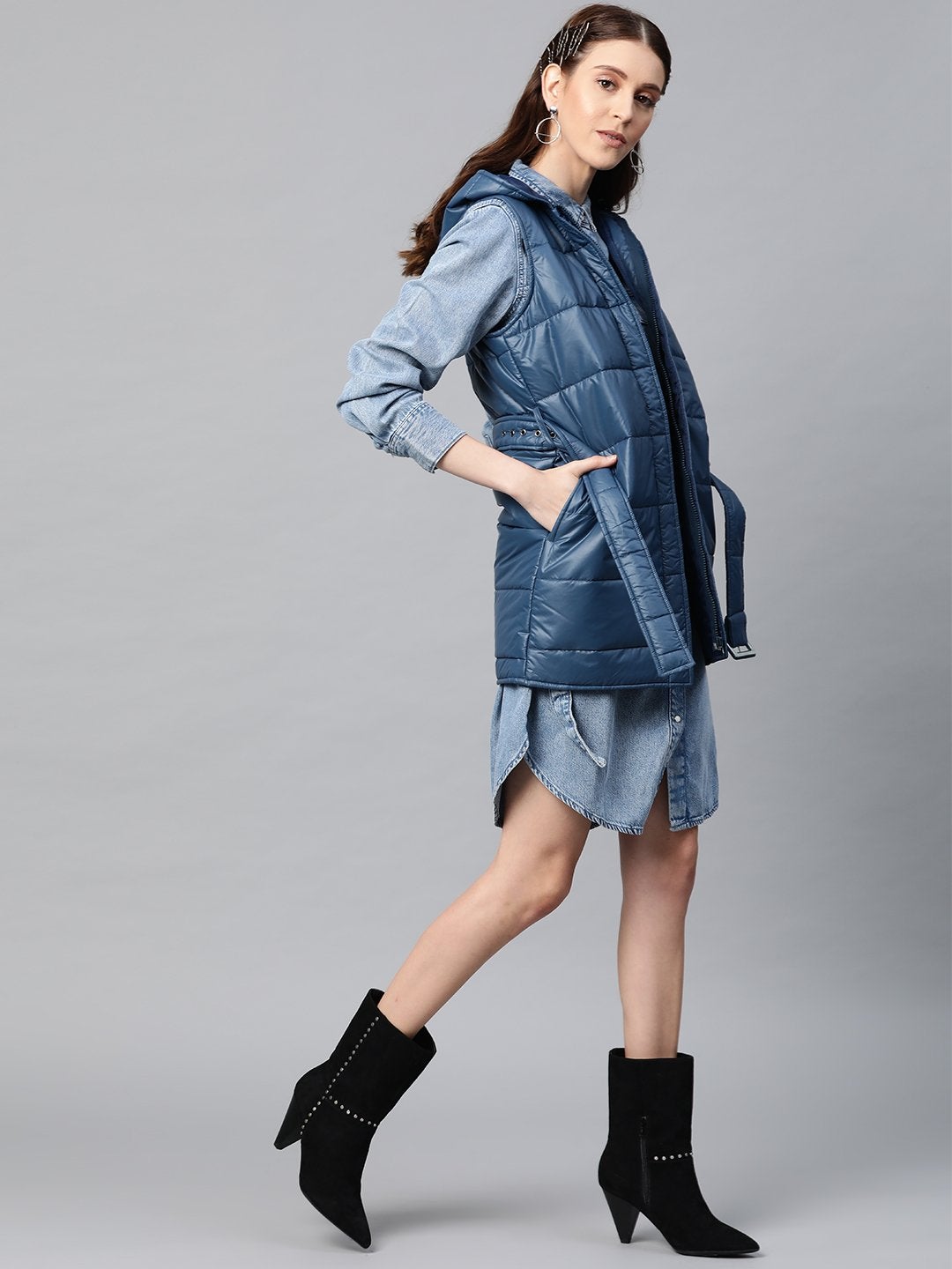 Women's Teal Belted Longline Hooded Quilted Jacket - SASSAFRAS
