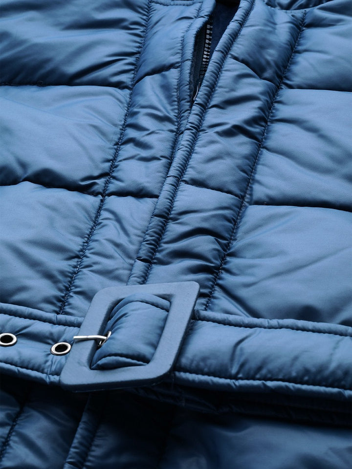 Women's Teal Belted Longline Hooded Quilted Jacket - SASSAFRAS