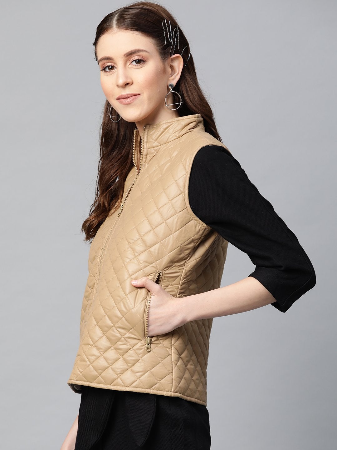 Women's Khaki Sleeveless Quilted Puffer Jacket - SASSAFRAS