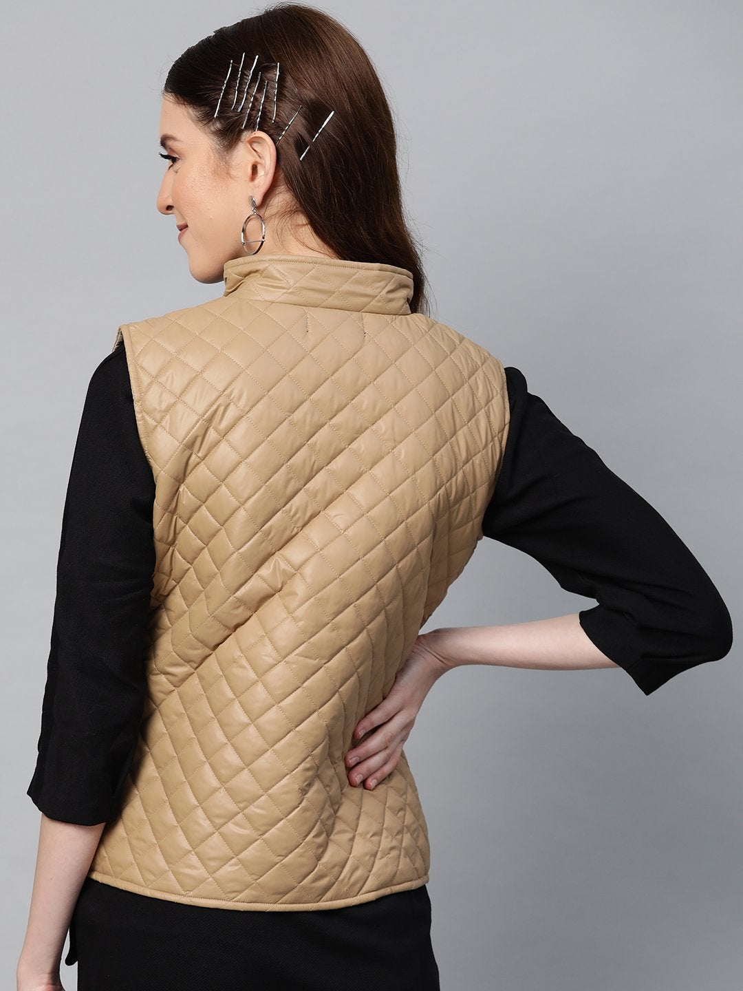 Women's Khaki Sleeveless Quilted Puffer Jacket - SASSAFRAS