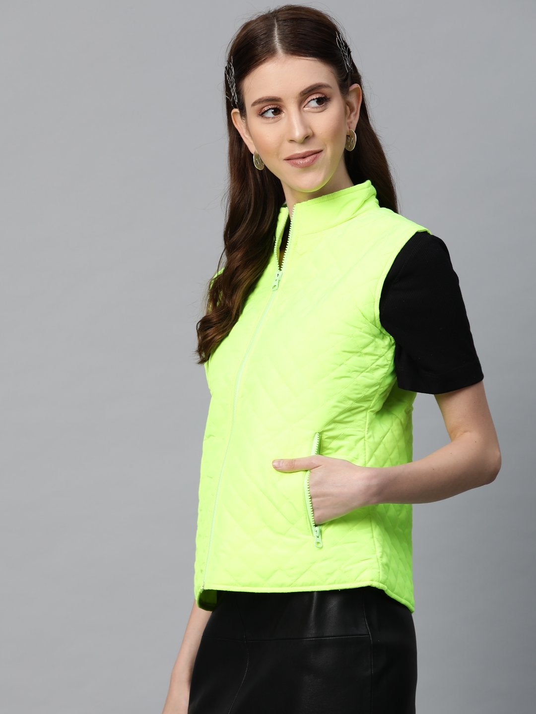 Women's Neon Green Sleeveless Quilted Puffer Jacket - SASSAFRAS