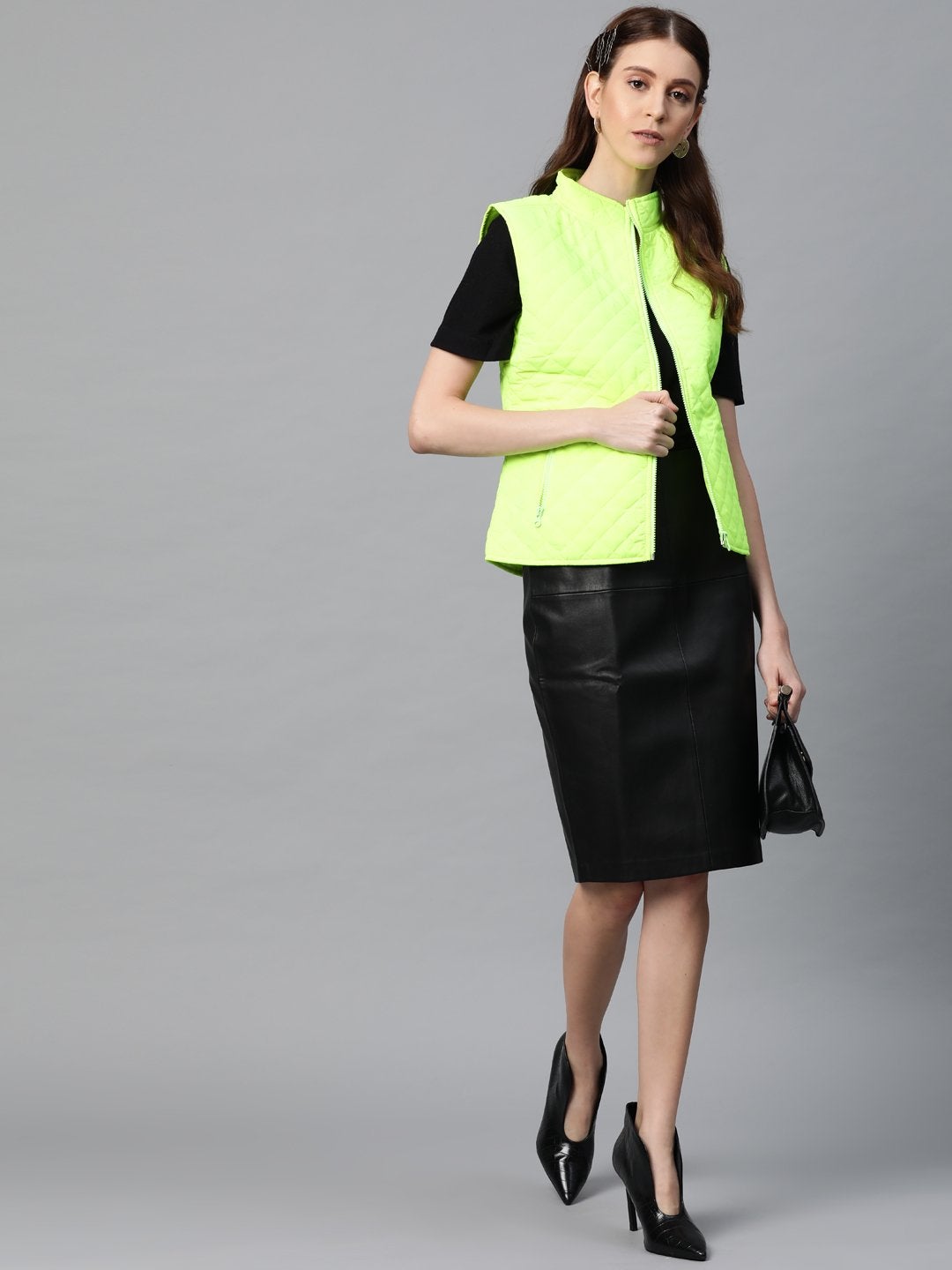 Women's Neon Green Sleeveless Quilted Puffer Jacket - SASSAFRAS