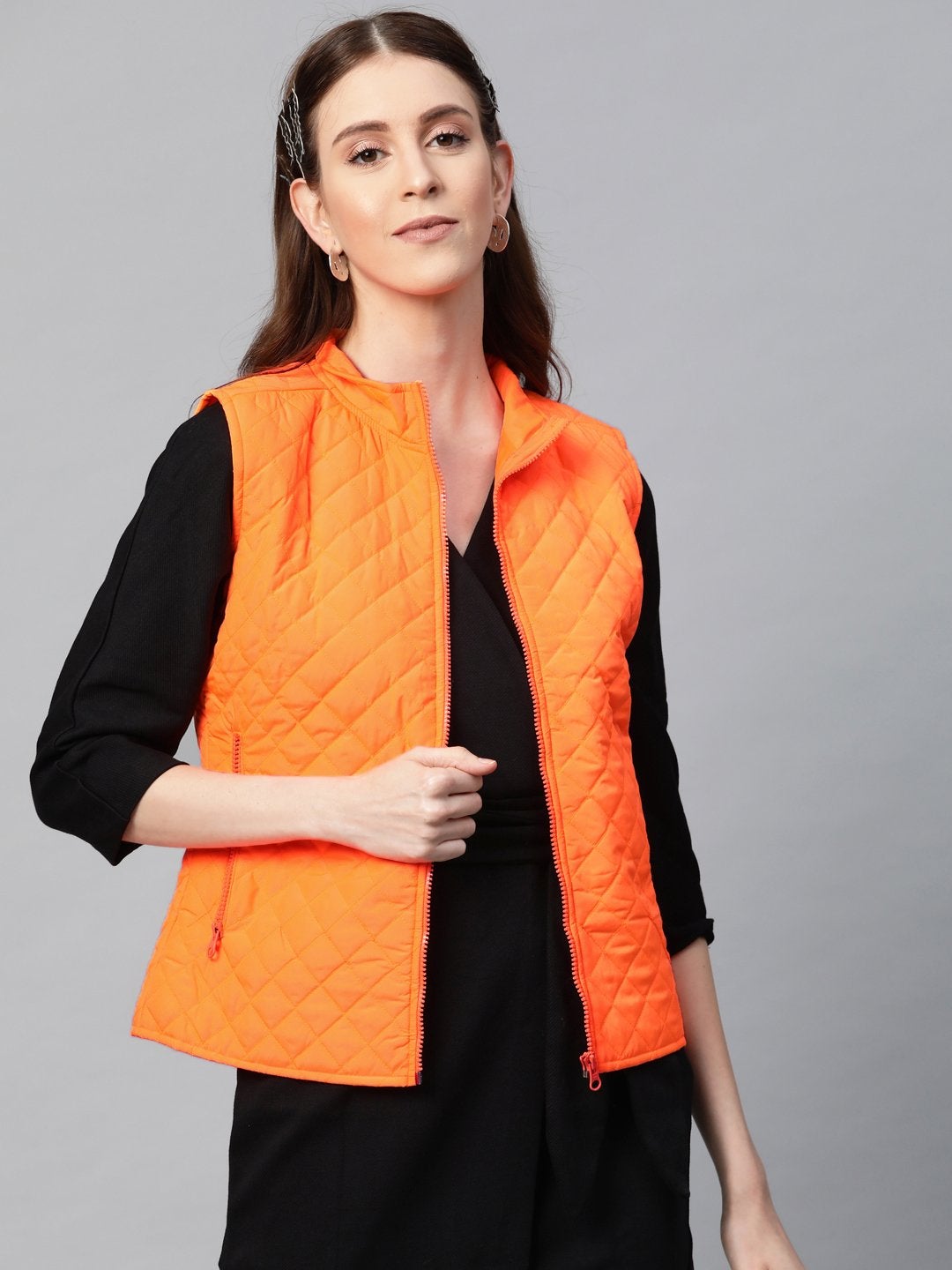 Women's Neon Orange Sleeveless Quilted Puffer Jacket - SASSAFRAS