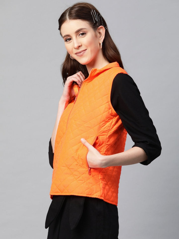 Women's Neon Orange Sleeveless Quilted Puffer Jacket - SASSAFRAS