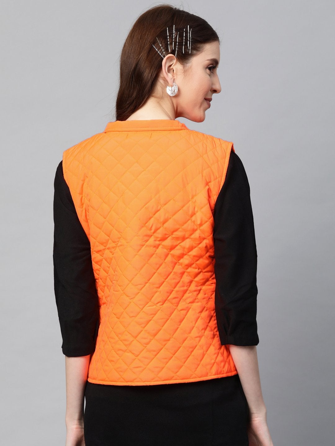 Women's Neon Orange Sleeveless Quilted Puffer Jacket - SASSAFRAS