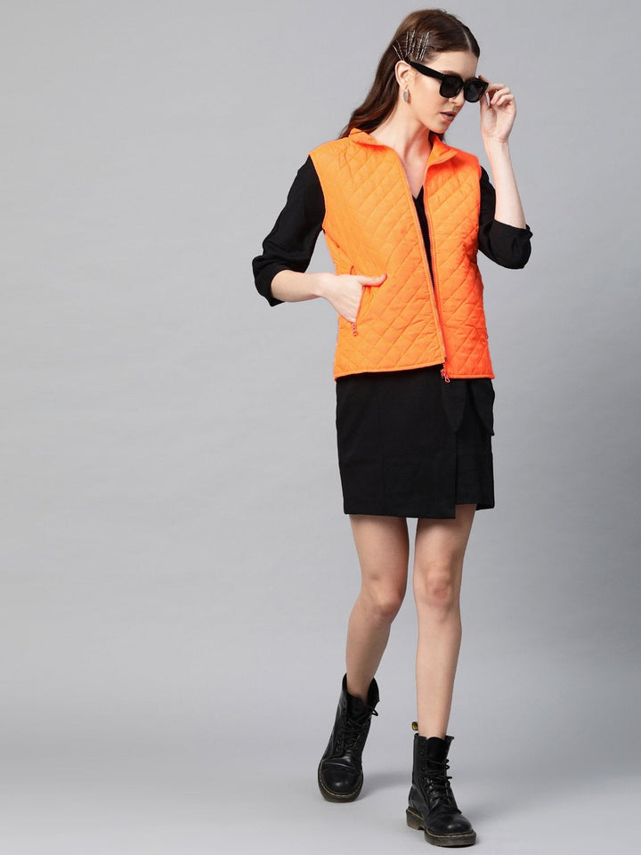 Women's Neon Orange Sleeveless Quilted Puffer Jacket - SASSAFRAS