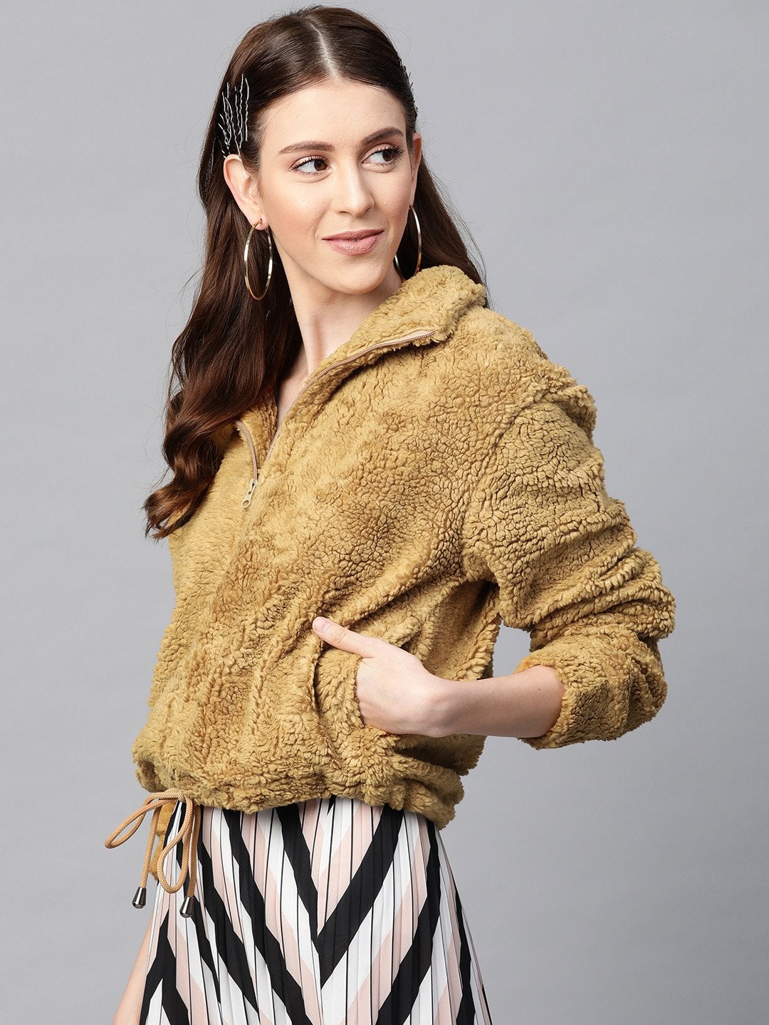 Women's Mustard Drawstring Faux Fur Jacket - SASSAFRAS