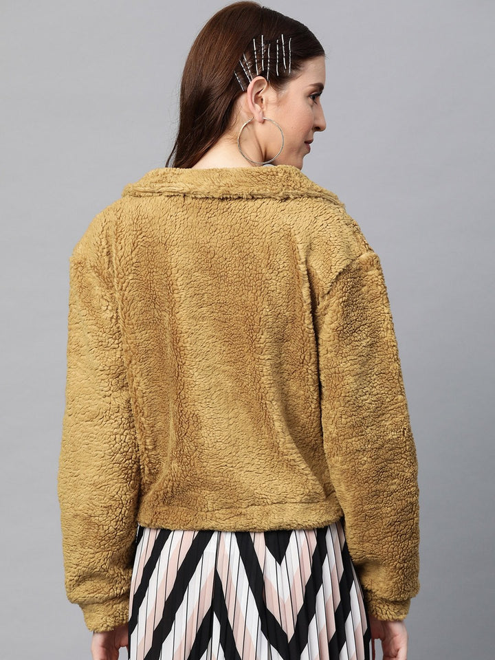 Women's Mustard Drawstring Faux Fur Jacket - SASSAFRAS