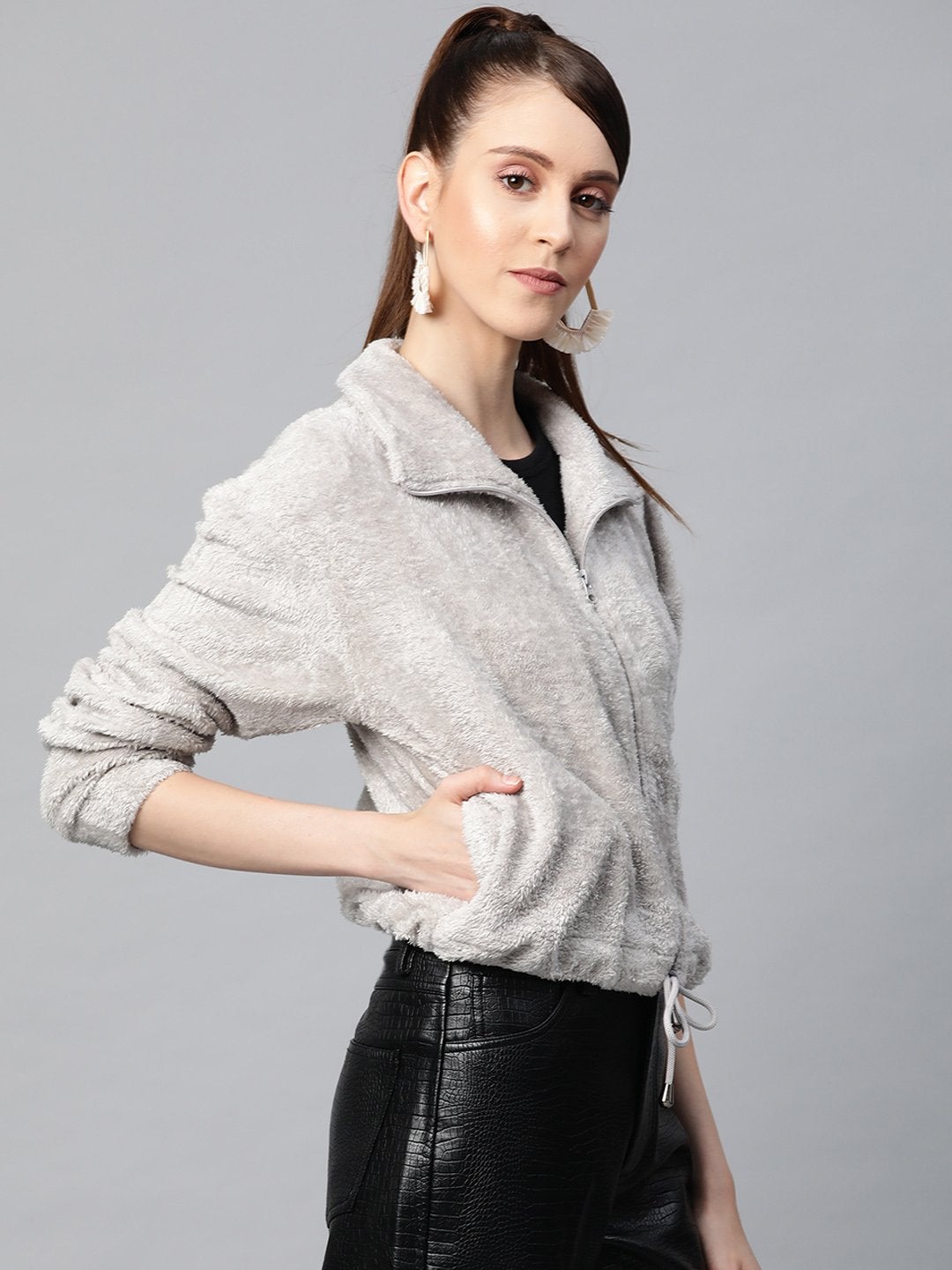 Women's Grey Drawstring Faux Fur Jacket - SASSAFRAS