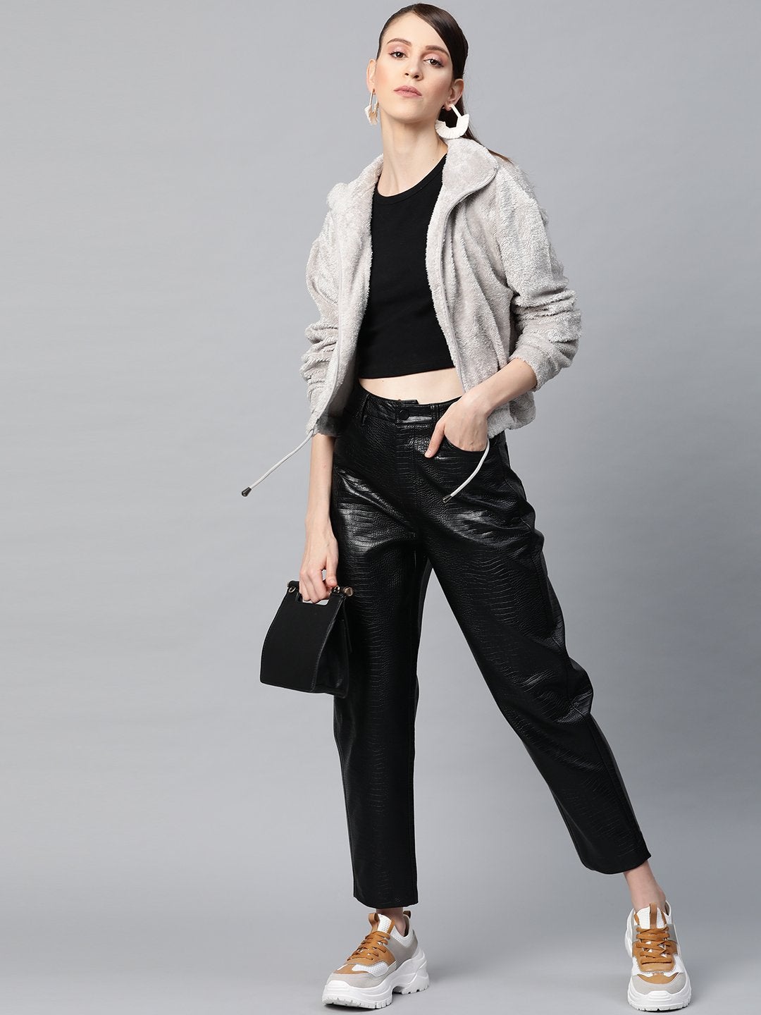 Women's Grey Drawstring Faux Fur Jacket - SASSAFRAS