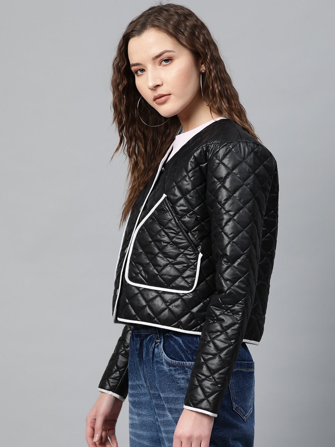 Women's Black Piping Detail Quilted Jacket - SASSAFRAS