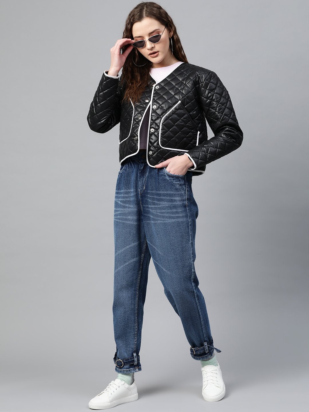 Women's Black Piping Detail Quilted Jacket - SASSAFRAS