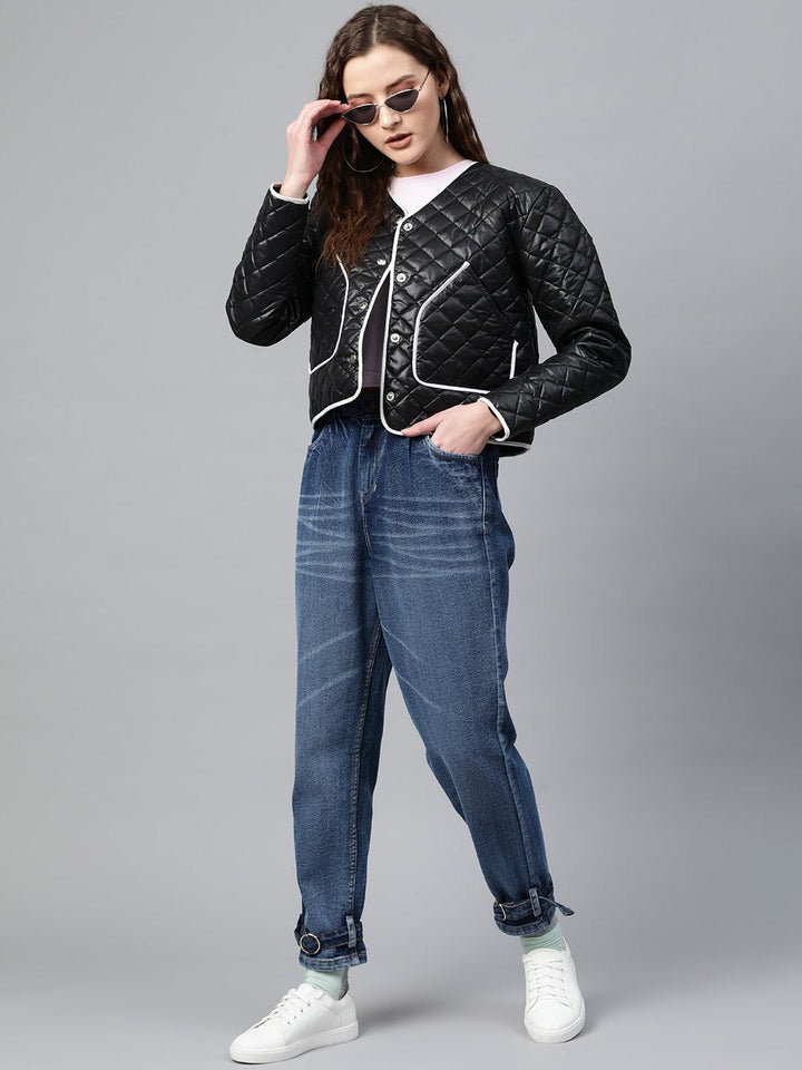 Women's Black Piping Detail Quilted Jacket - SASSAFRAS