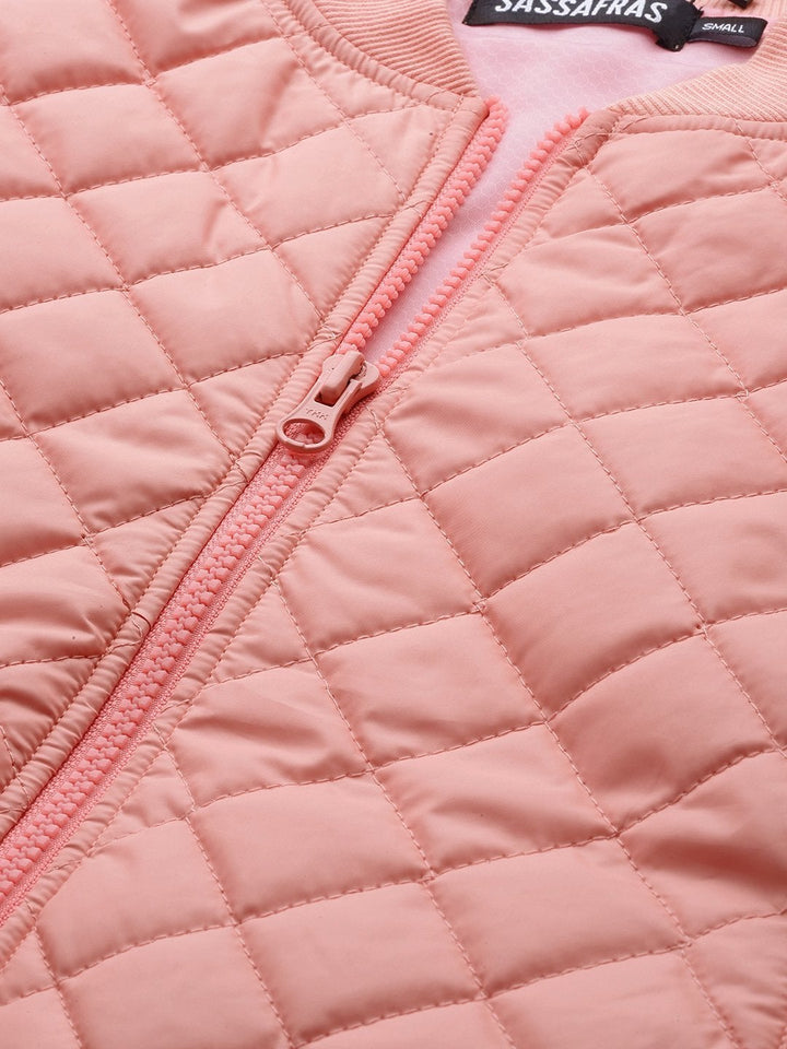 Women's Peach Tie-Up Detail Quilted Bomber Jacket - SASSAFRAS