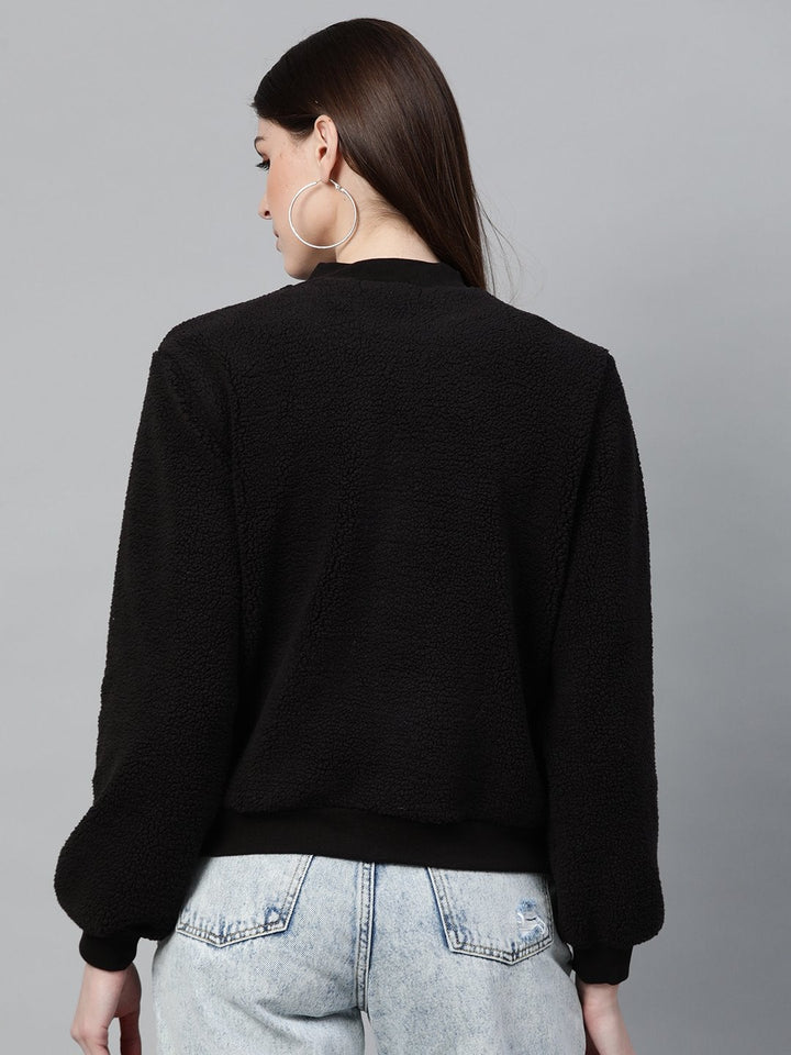 Women's Black Fur Bomber Jacket - SASSAFRAS