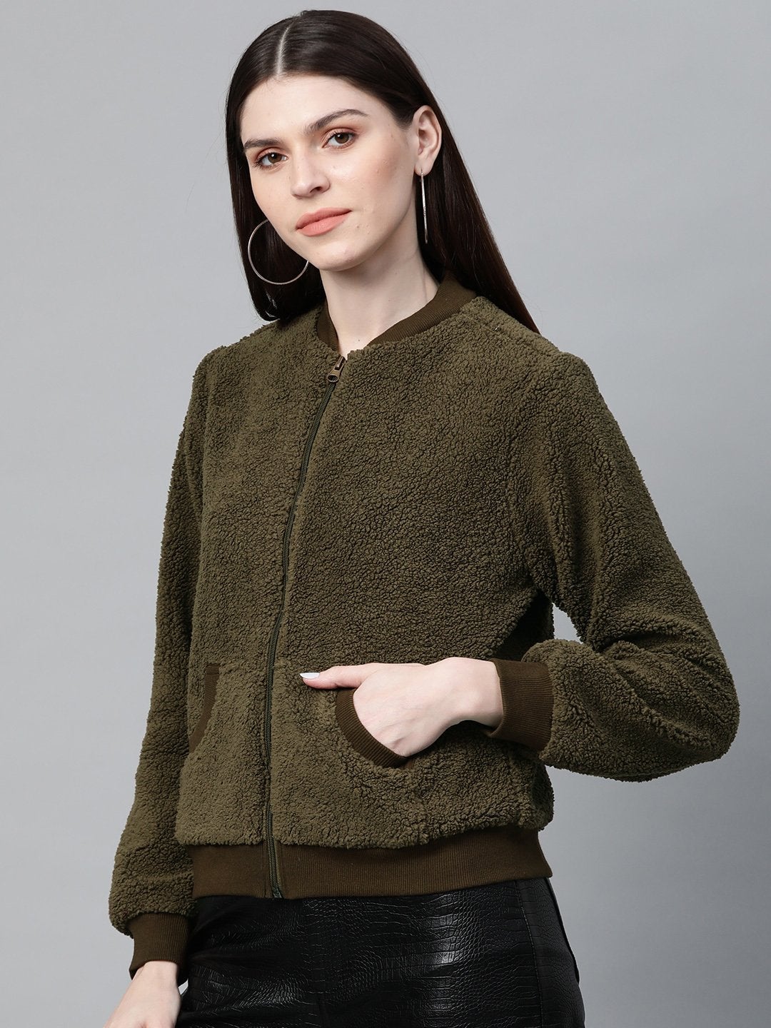 Women's Olive Fur Bomber Jacket - SASSAFRAS