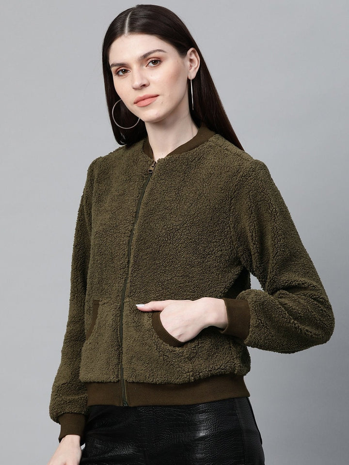 Women's Olive Fur Bomber Jacket - SASSAFRAS