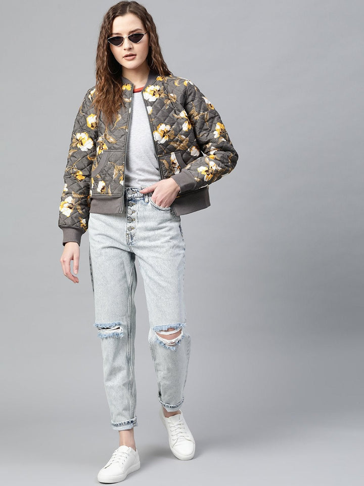 Women's Grey Floral Polysilk Bomber Jacket - SASSAFRAS