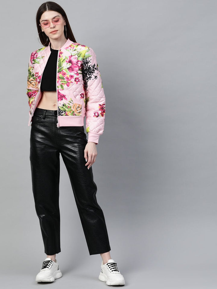 Women's Pink Floral Polysilk Bomber Jacket - SASSAFRAS