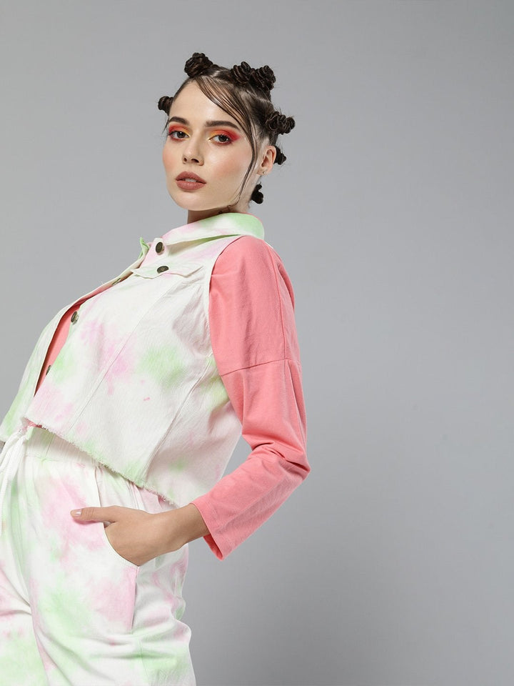 Women's Green & Pink Tie-Dye Sleeveless Jacket - SASSAFRAS