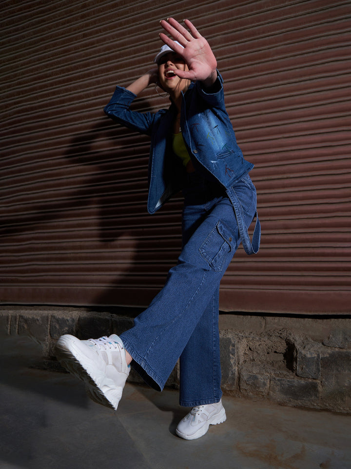 Women's Blue Denim Paint Strokes Classic Blazer - SASSAFRAS