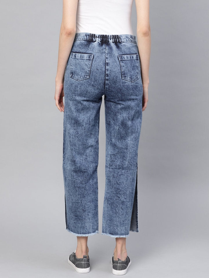 Women's Blue Denim Acid Wash Side Slit Pants - SASSAFRAS
